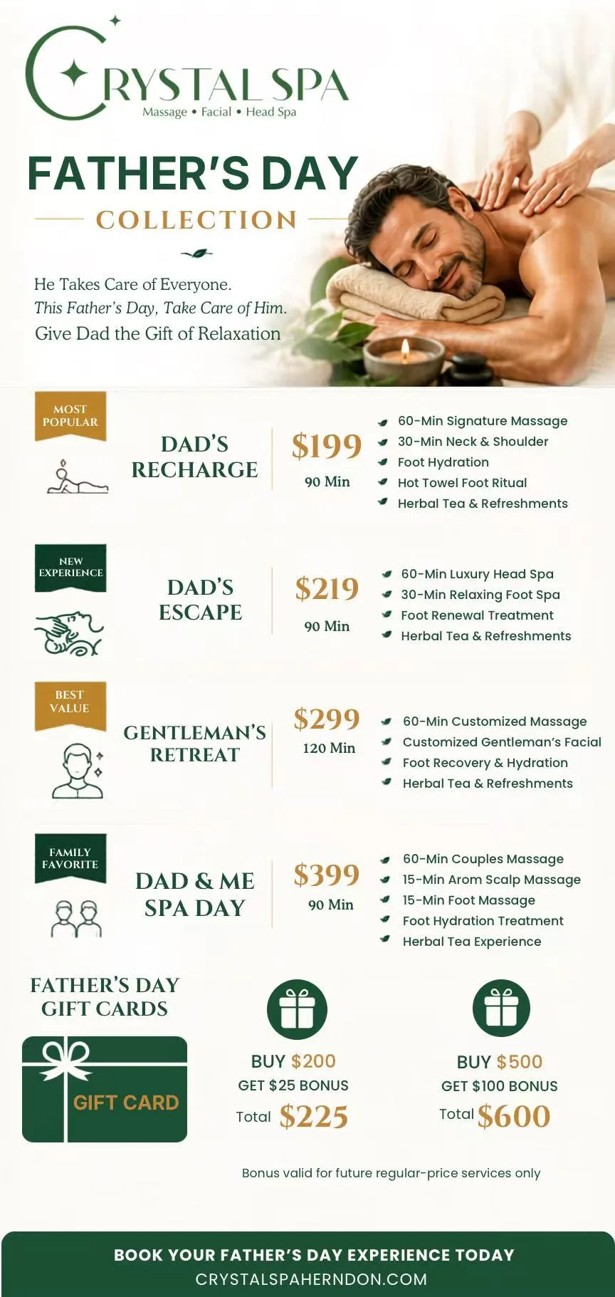 Father's Day Collection at Crystal Spa Herndon — Dad's Recharge $199, Dad's Escape $219, Gentleman's Retreat $299, Dad & Me Spa Day $399, plus Father's Day gift cards