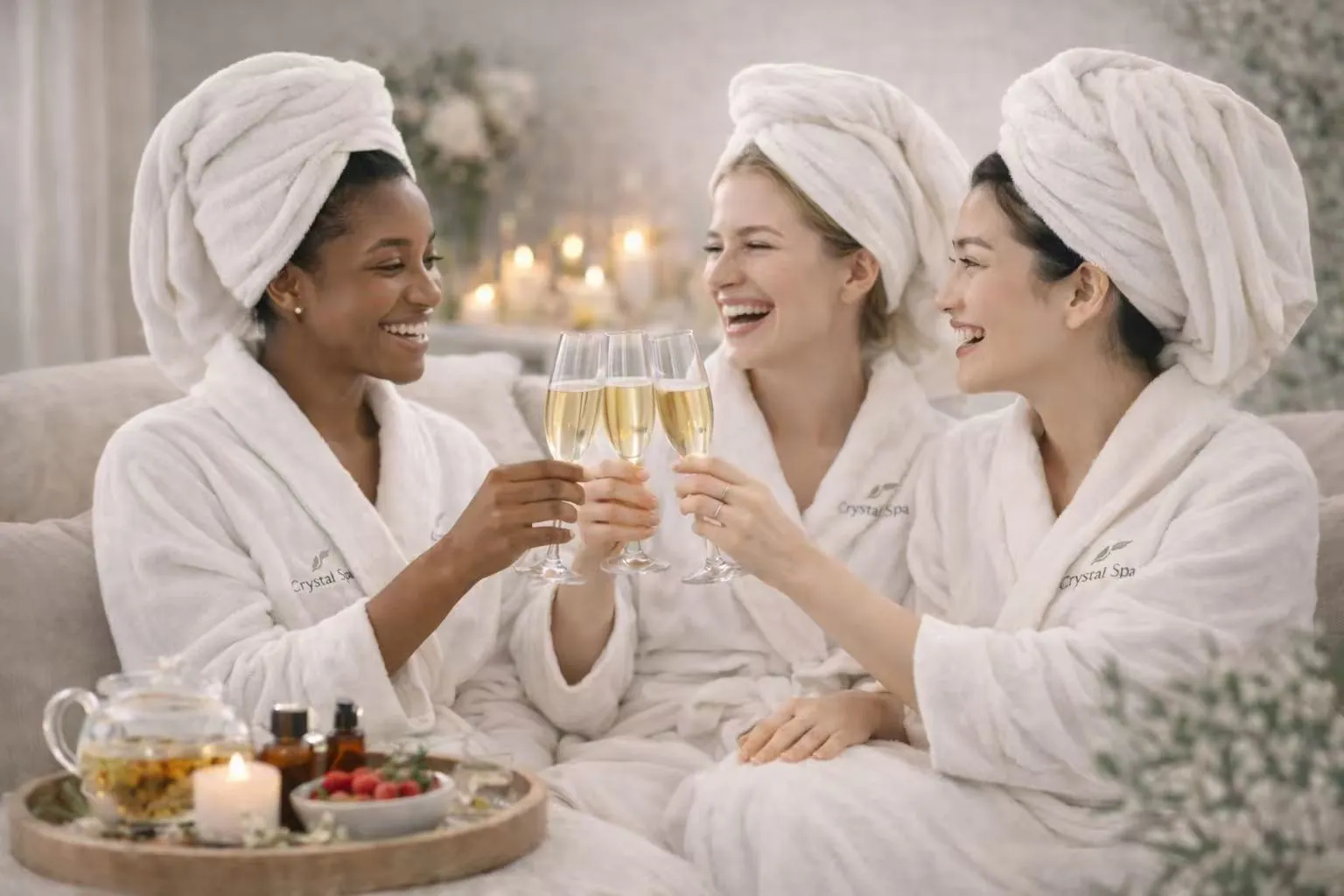 Friends celebrating together at Crystal Massage and Spa — bridal shower, birthday, girls' day, corporate wellness
